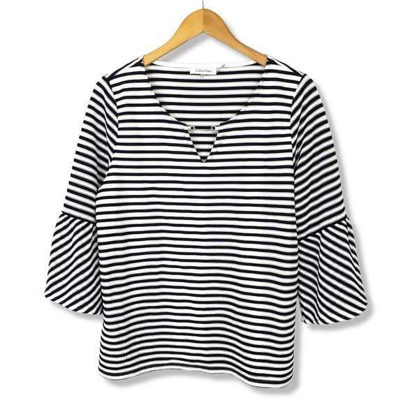 Calvin Klein White and Black Striped Semi-sheer Blouse Size Large - Picture 1 of 8